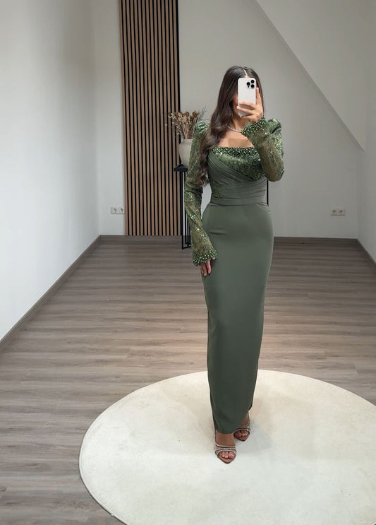 A Line V-Neck Long Holiday Evening Dress with Sleeves