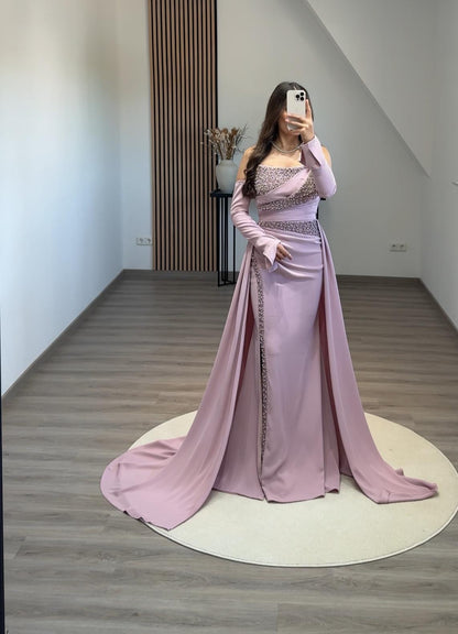 Long Sleeves V-Neck Appliques Empire-Waist Evening Dress