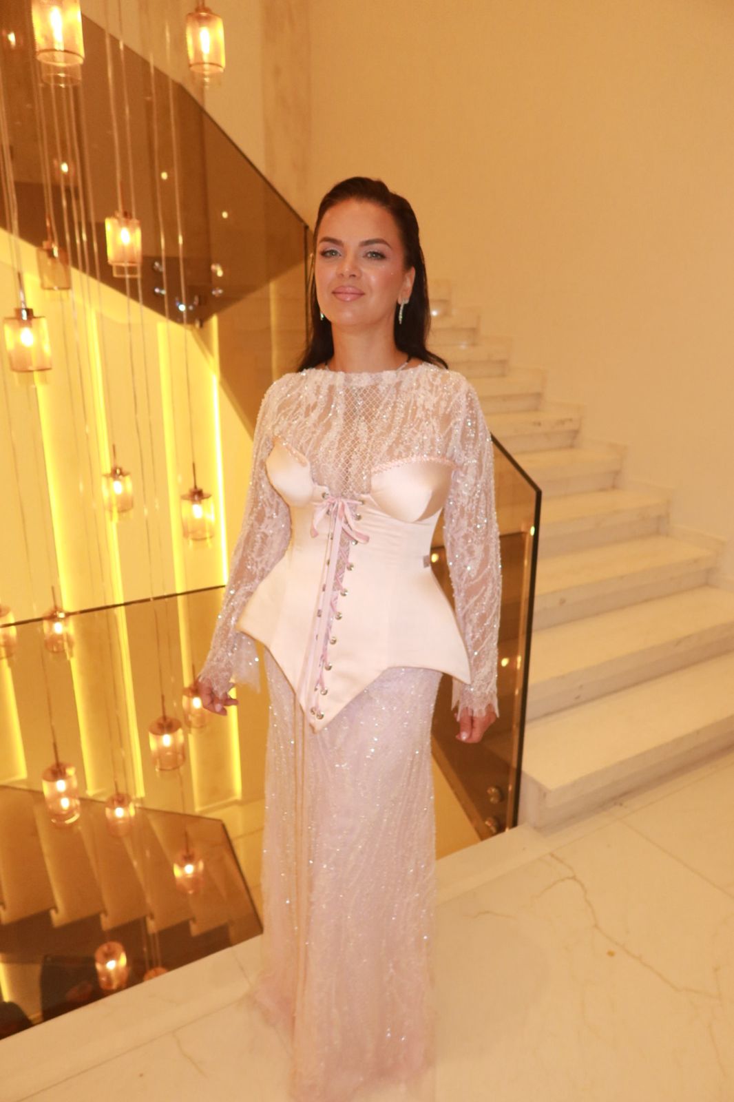 Blushing Pink Scoop Lace Embellished Evening Dress