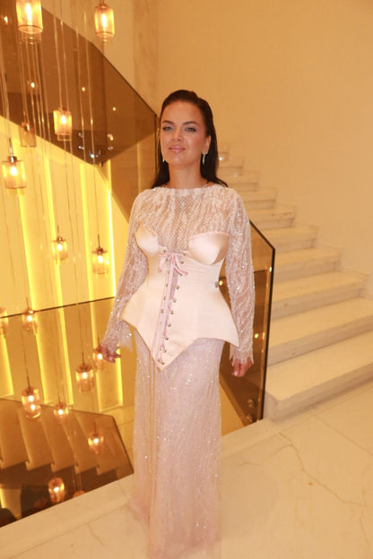 Blushing Pink Scoop Lace Embellished Evening Dress