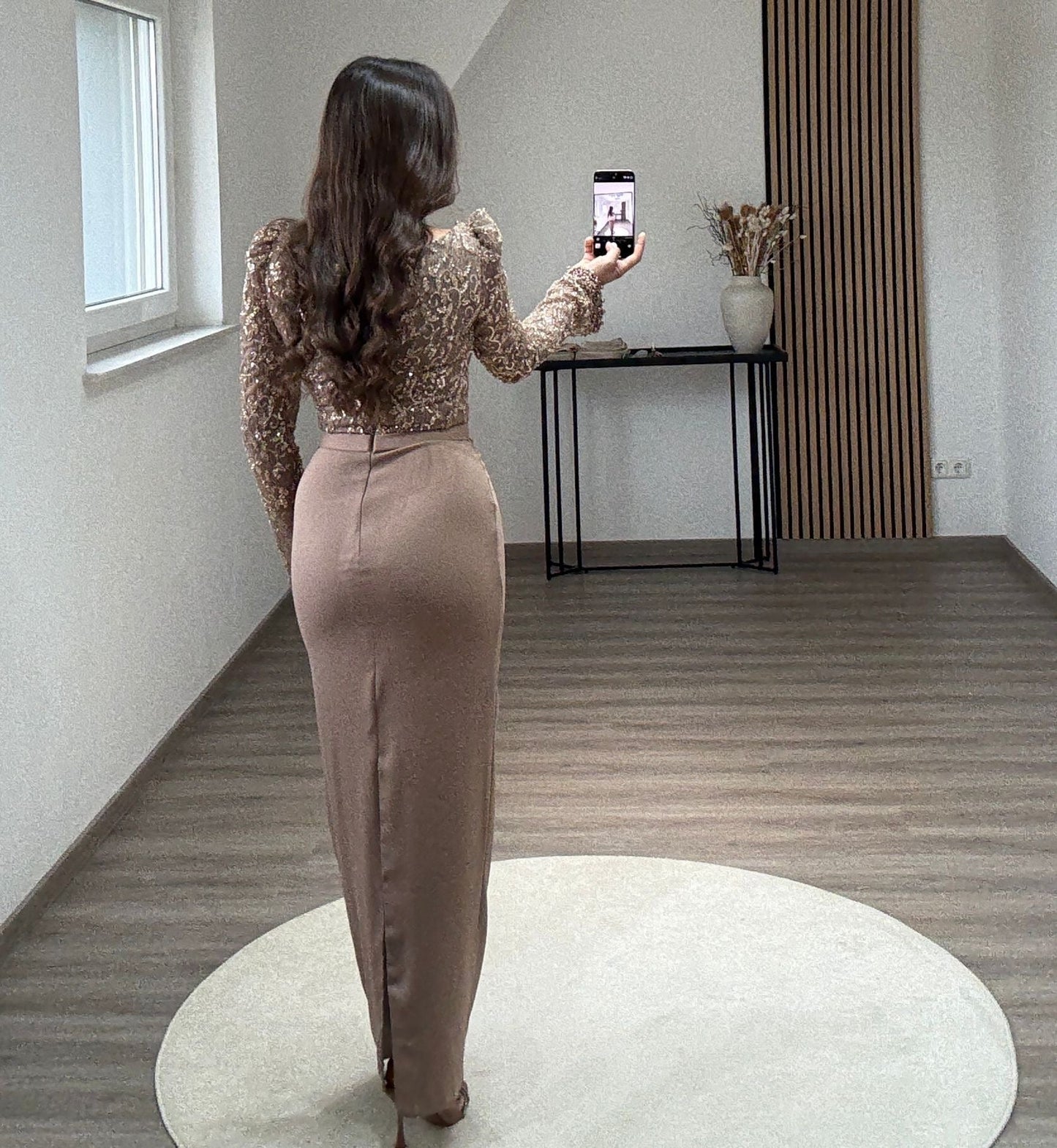 Long Sleeves Sequins Ruched Evening Dress