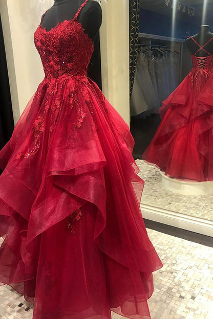 Spaghetti Straps Burgundy Applique Ruffle Tulle Prom Dress