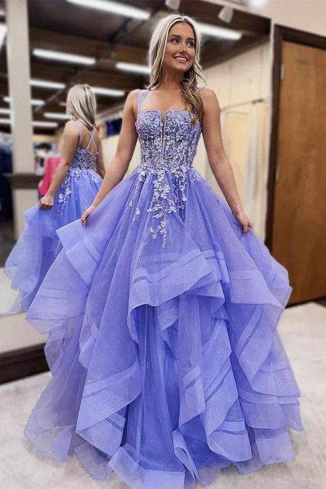 Straps Pluning Neck Purple Floral Applique Ruffle Layered Prom Dress