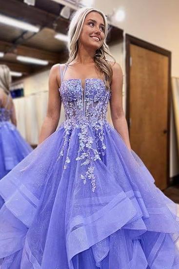 Straps Pluning Neck Purple Floral Applique Ruffle Layered Prom Dress