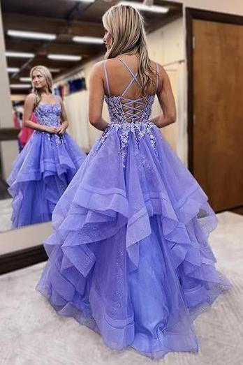 Straps Pluning Neck Purple Floral Applique Ruffle Layered Prom Dress