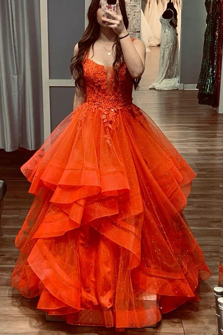 Straps Pluning Neck Purple Floral Applique Ruffle Layered Prom Dress