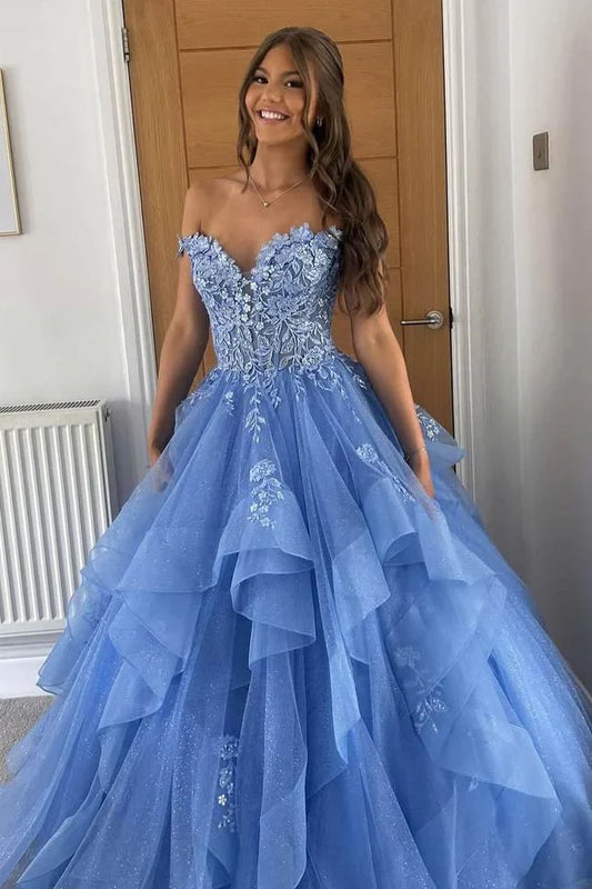 Sweetheart Lace Applique Layered Prom Dress with Off Shoudler