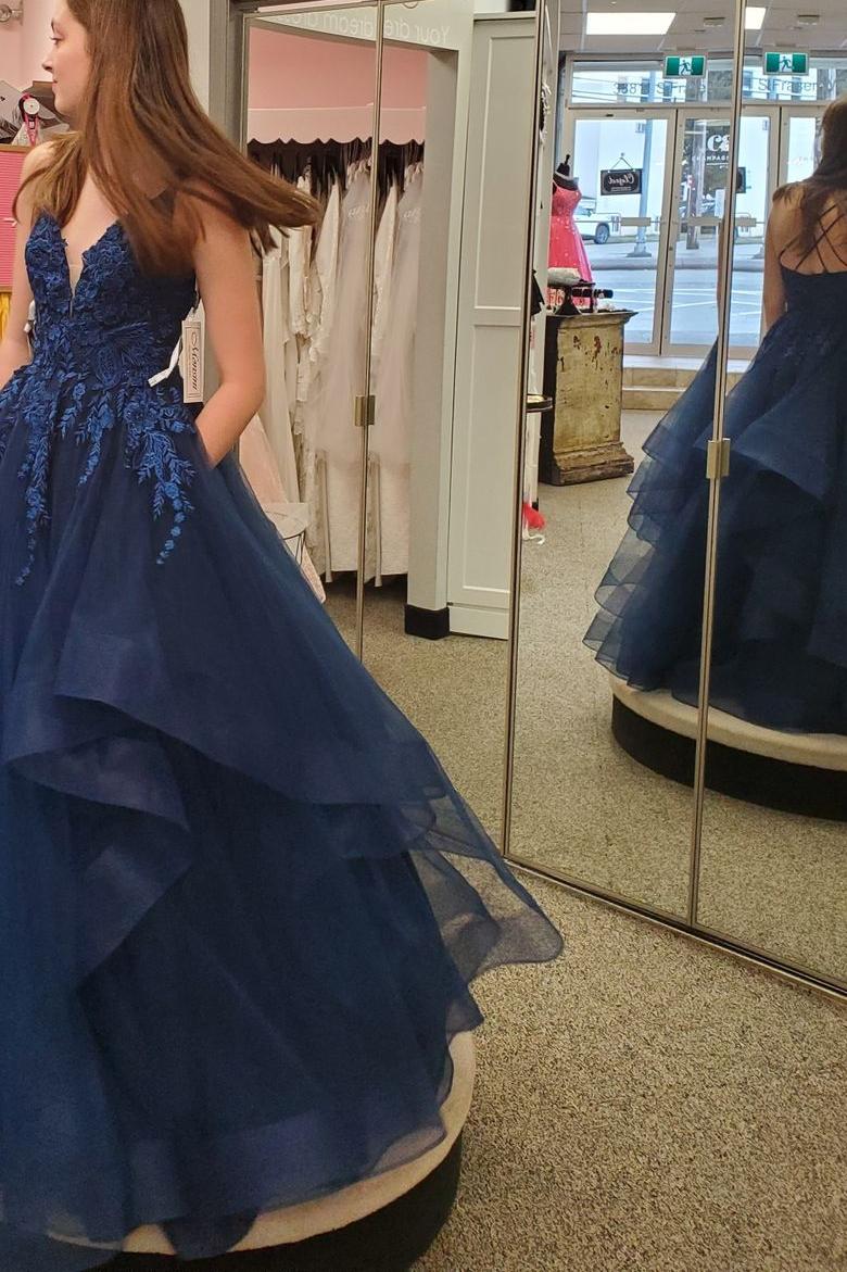 Straps V-Neck Applique A-Line Ruffle Prom Dress