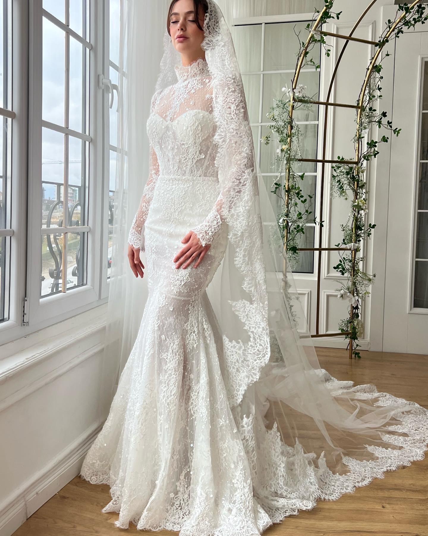 High Neck Long Sleeves Mermaid Lace Sweep Train  Bridal Dress
