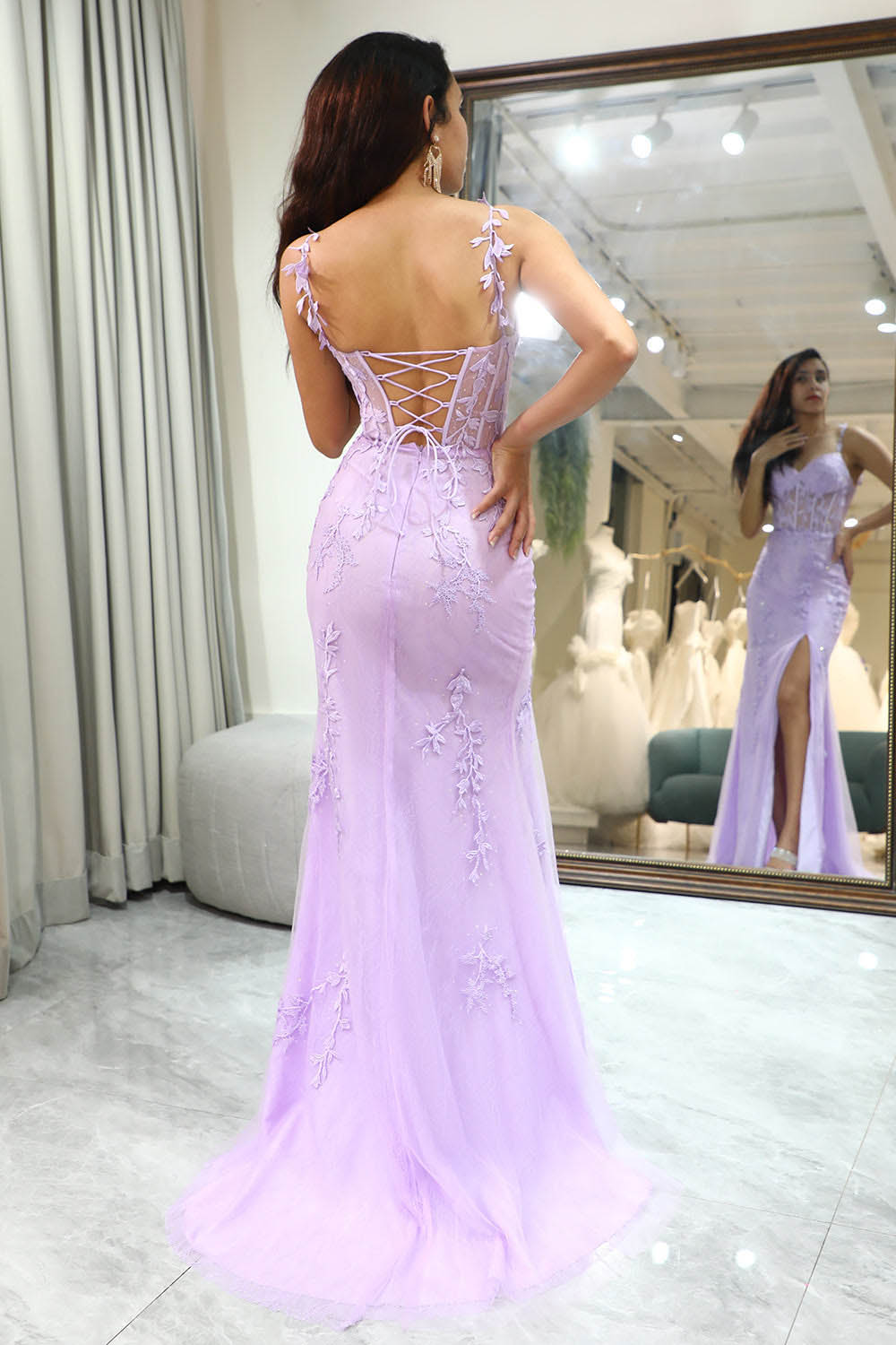 Lilac Lace Mermaid Prom Dress with Slit Appliqued Evening Dress