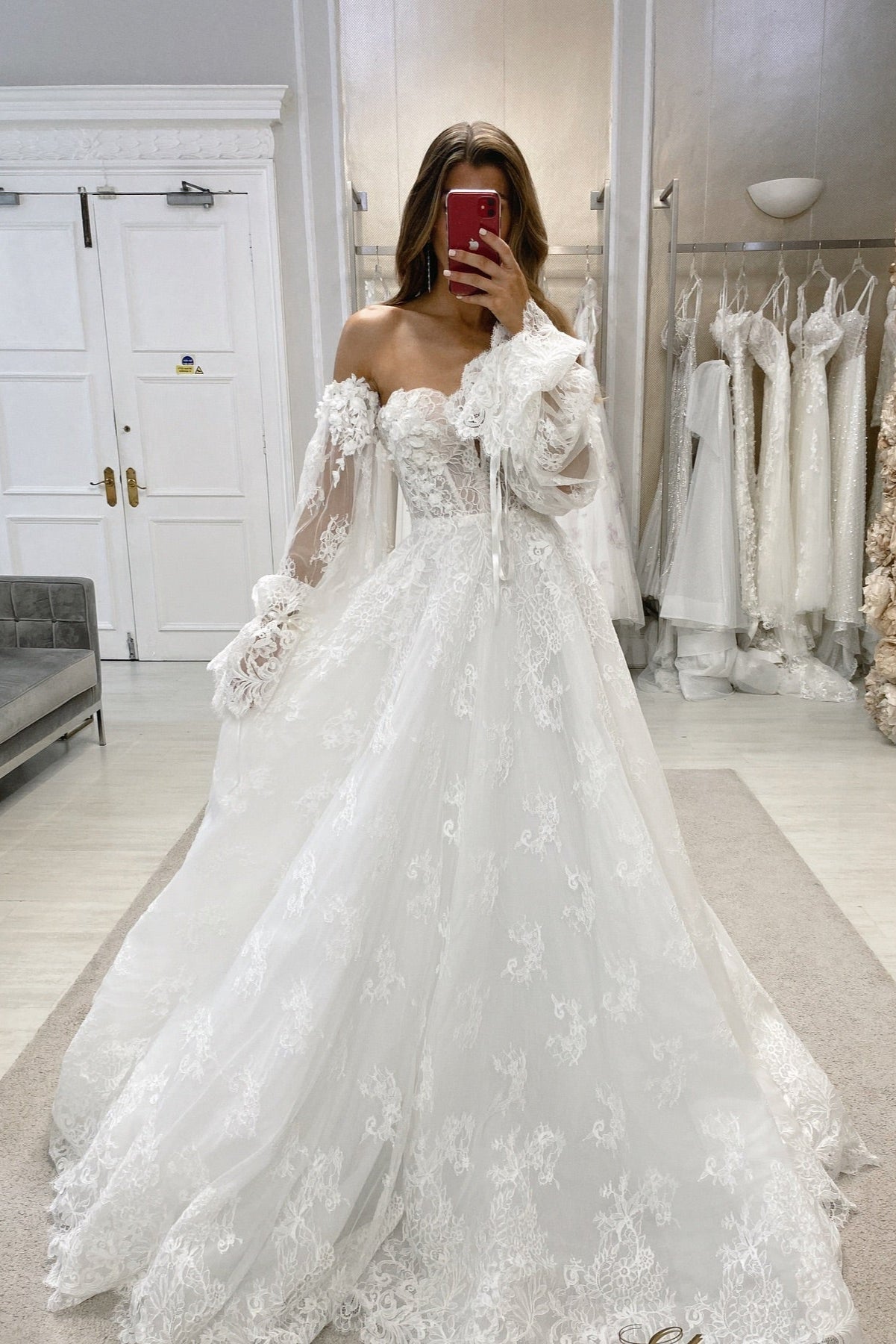 Fabulous White A-Line Strapless Lace Long Sleeves Wedding Dress