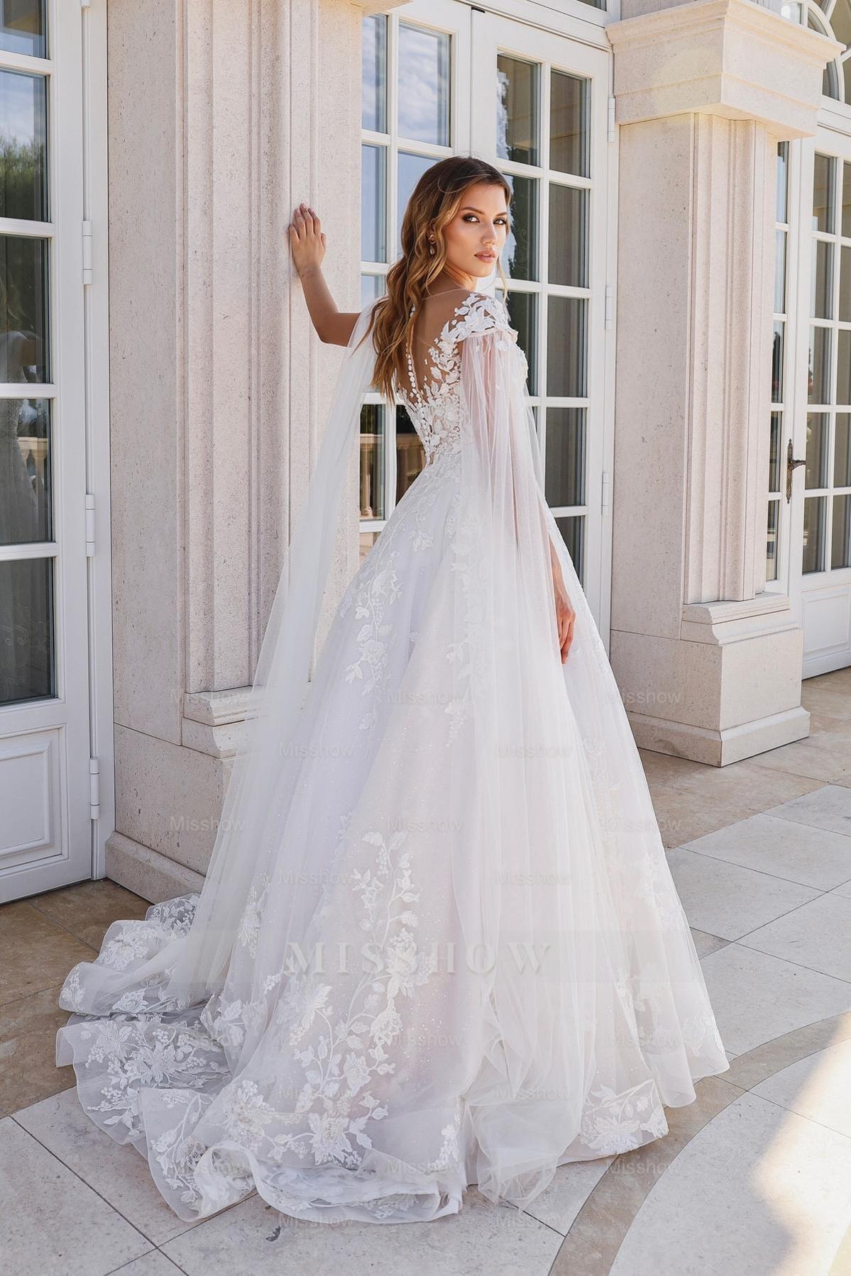 Fabulous White A-Line V-neck Cap Sleeves Lace Wedding Dresses With Appliques