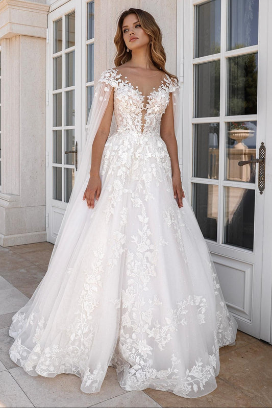 Fabulous White A-Line V-neck Cap Sleeves Lace Wedding Dresses With Appliques