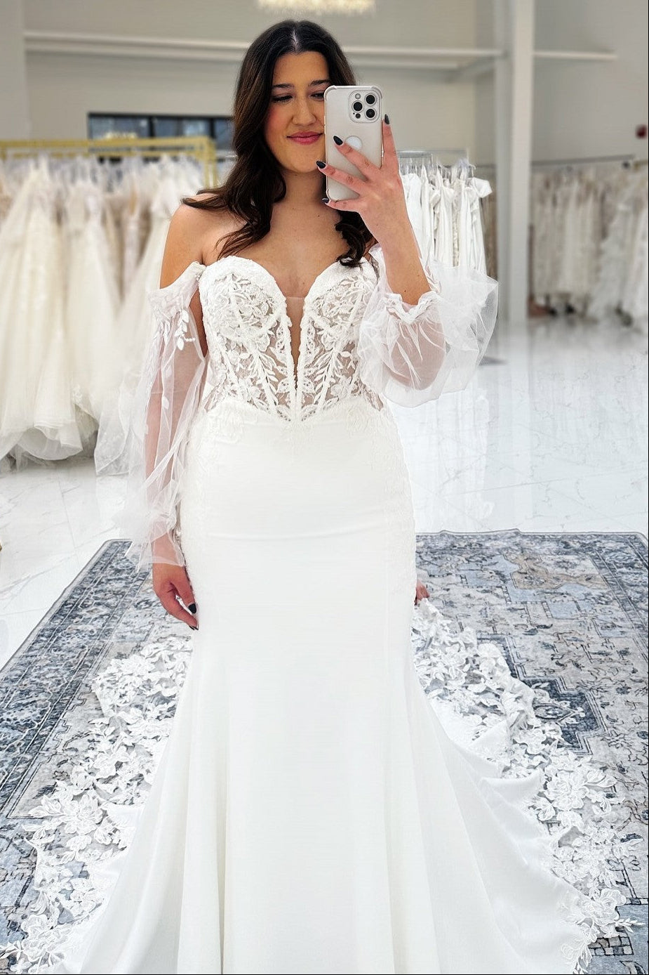 Fabulous White Lace Mermaid V-Neck Long Sleeves Train Satin Wedding Dress