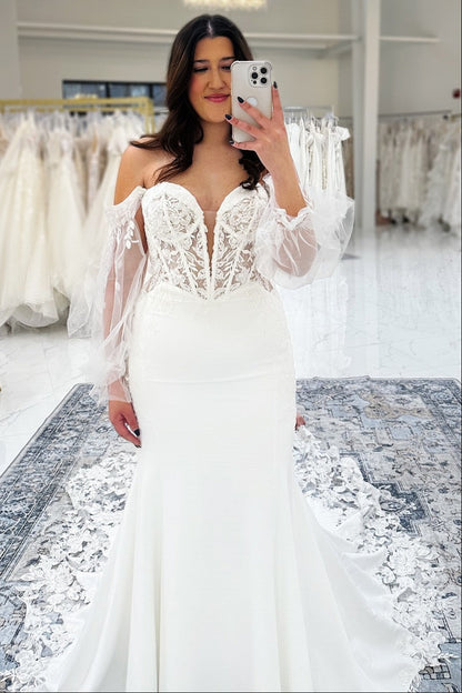 Fabulous White Lace Mermaid V-Neck Long Sleeves Train Satin Wedding Dress