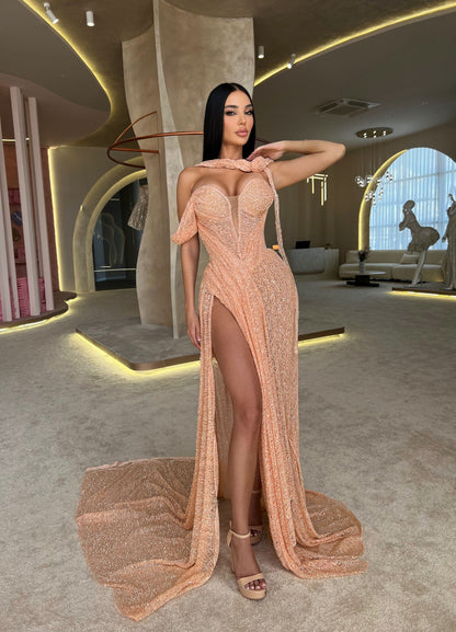 Light Coral Off Shoulder Side Slit Ruched Sweep Train Formal Prom Dress