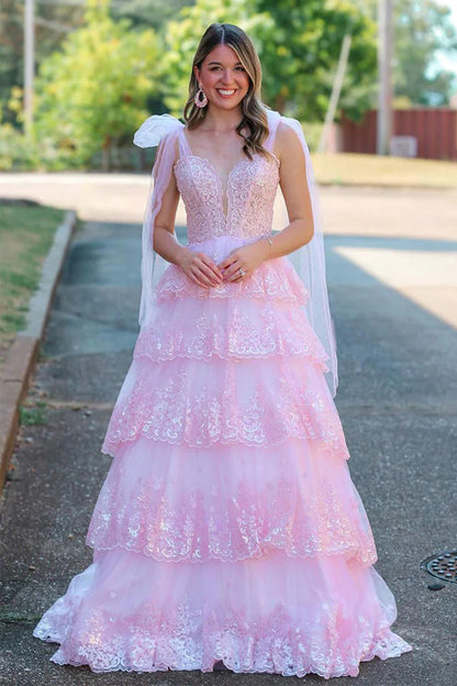 Fairy A Line V Neck Pink Long Prom Dress with Appliques
