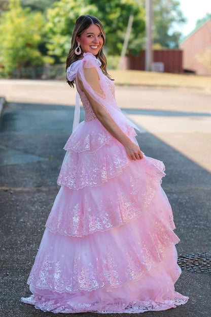 Fairy A Line V Neck Pink Long Prom Dress with Appliques