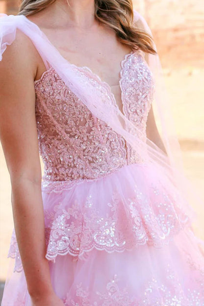 Fairy A Line V Neck Pink Long Prom Dress with Appliques