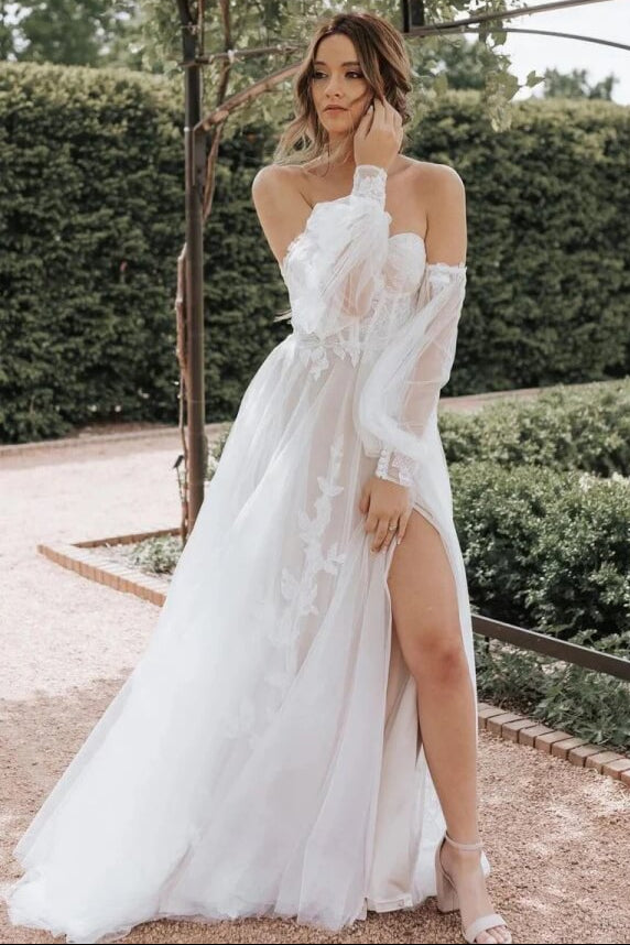 A Line Off Shoulder Long Sleeves Wedding Dress