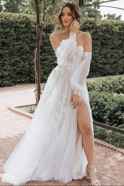A Line Off Shoulder Long Sleeves Wedding Dress