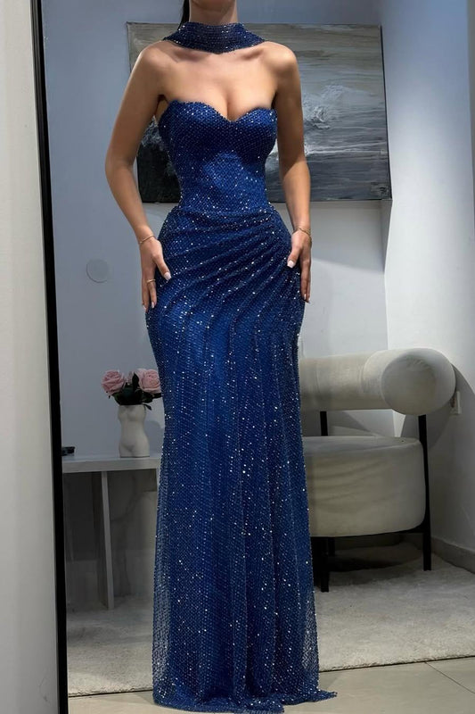 Fitted Dark Blue Halter Evening Gown with Ruched