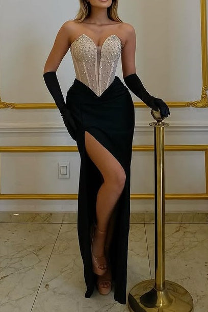 Fitted Strapless Beaded Top Party Prom Dress With High Slit