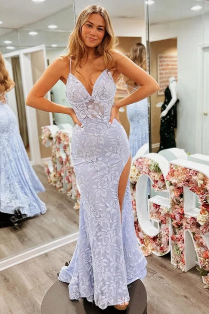 Floral Lavender Lace Spaghetti Straps Lace Up Prom Gown