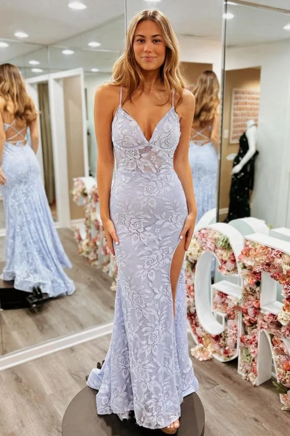 Floral Lavender Lace Spaghetti Straps Lace Up Prom Gown