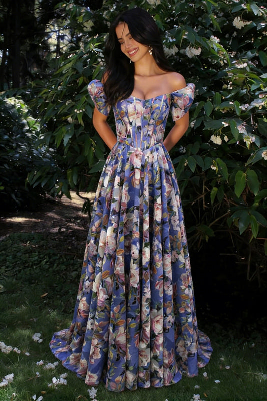Floral Off-Shoulder Corset Prom Dress with Puff