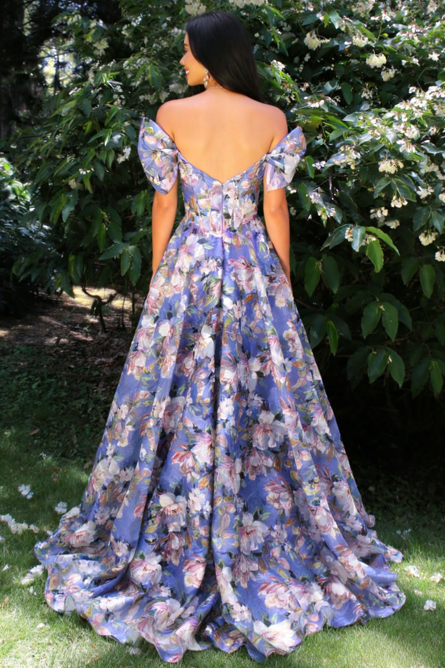 Floral Off-Shoulder Corset Prom Dress with Puff