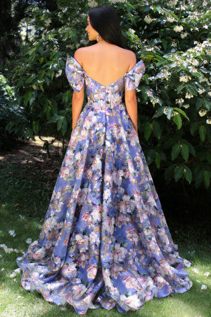 Floral Off-Shoulder Corset Prom Dress with Puff