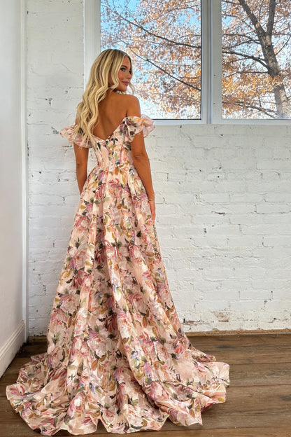 Floral Off-Shoulder Corset Prom Dress with Puff