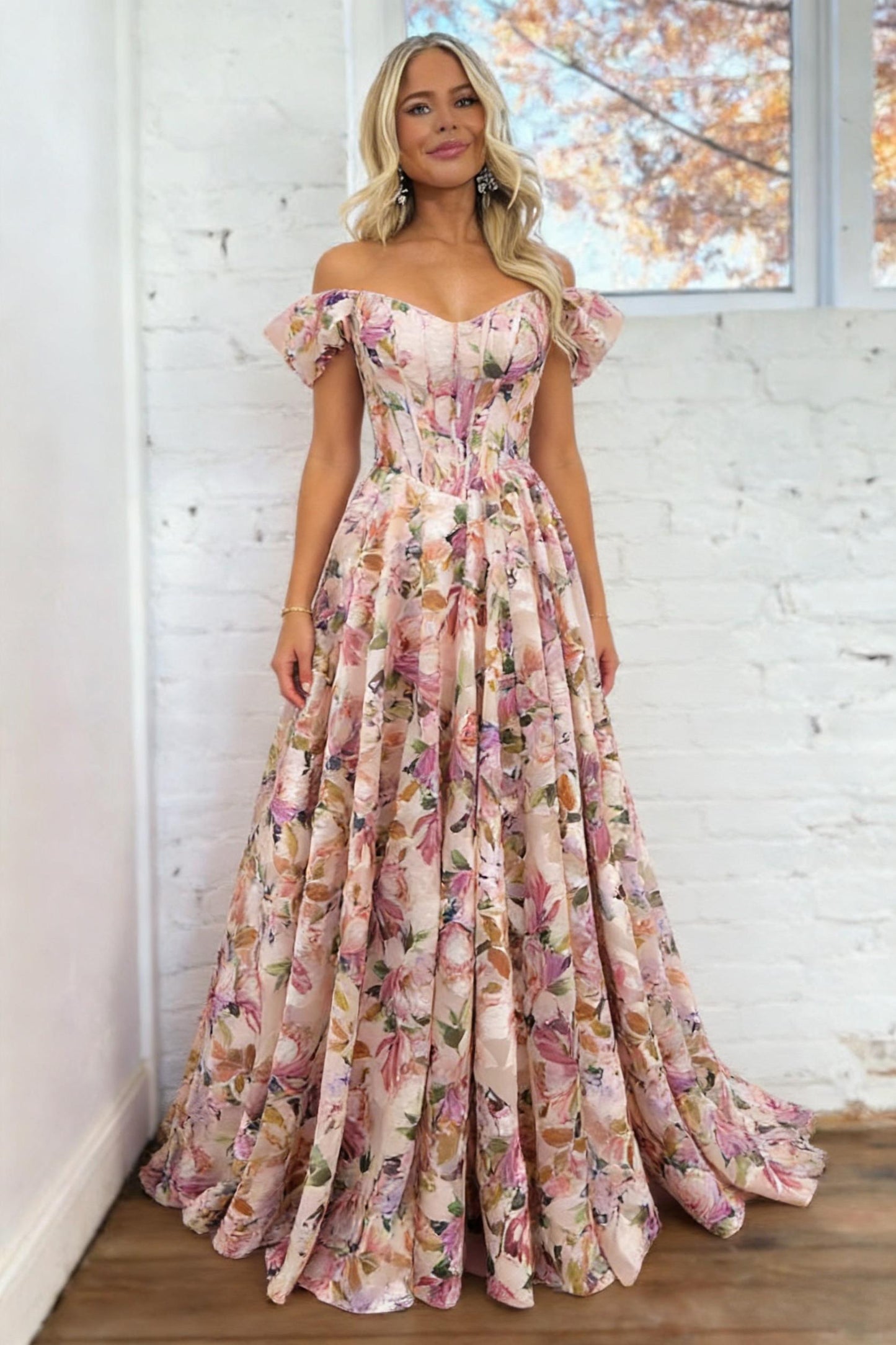 Floral Off-Shoulder Corset Prom Dress with Puff