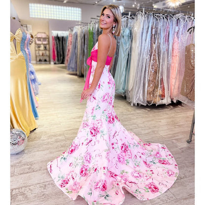 Mermaid Satin Floral Print Prom Dresses Long V Neck Evening Party Gowns