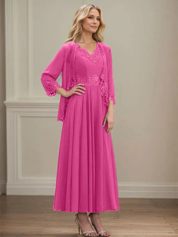 A-line V-Neck Ankle-Length Chiffon Mother of the Bride Dress
