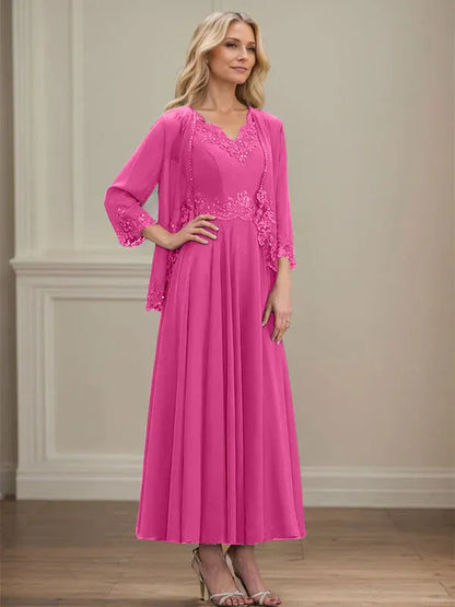 A-line V-Neck Ankle-Length Chiffon Mother of the Bride Dress