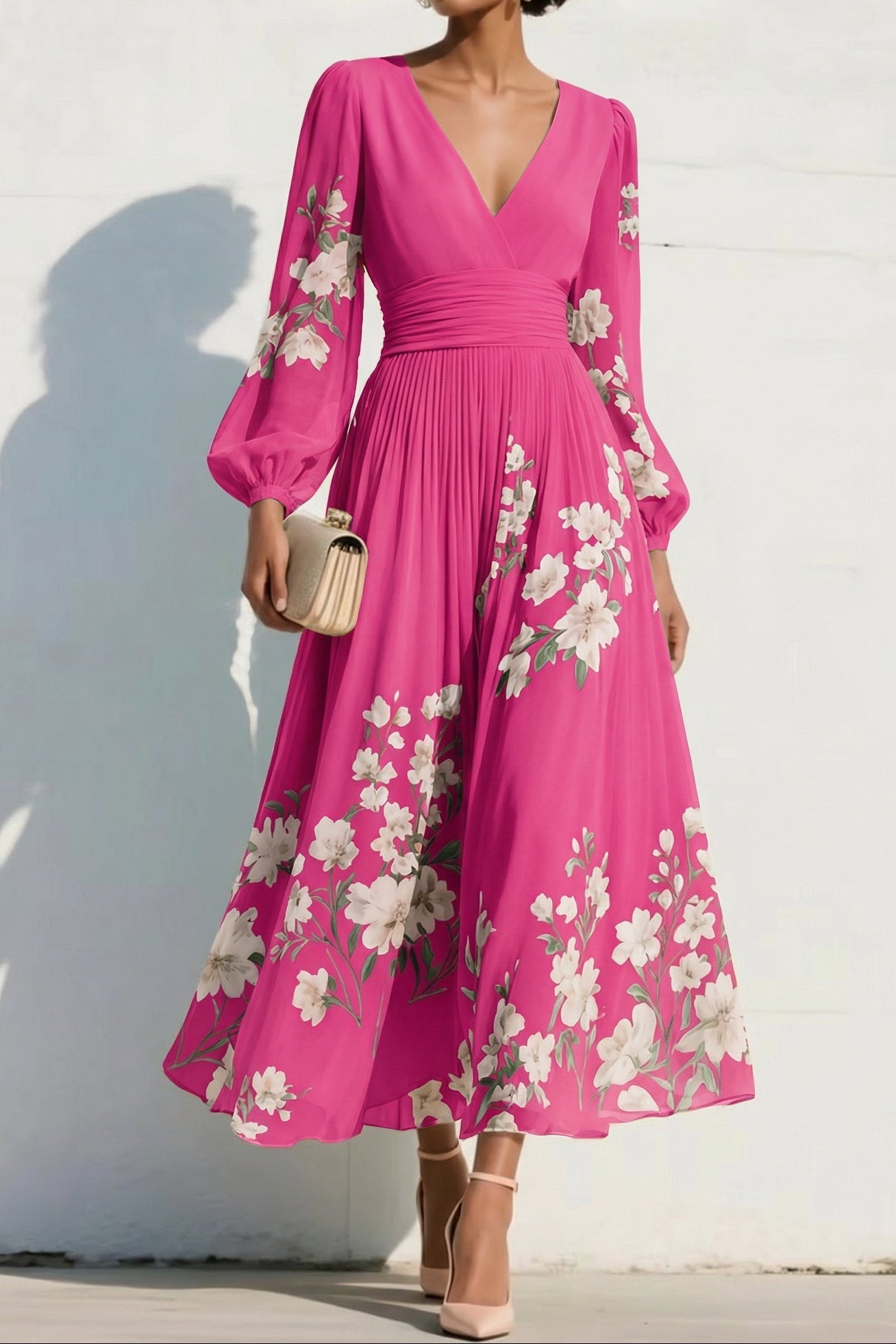 V-Neck Print-Chiffon Pleated Tea-Length Mother of the Bride Dress