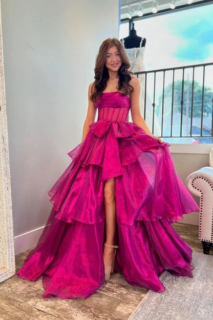 Fuchsia Organza A-line Strapless Ruffle Tiered Prom Dress