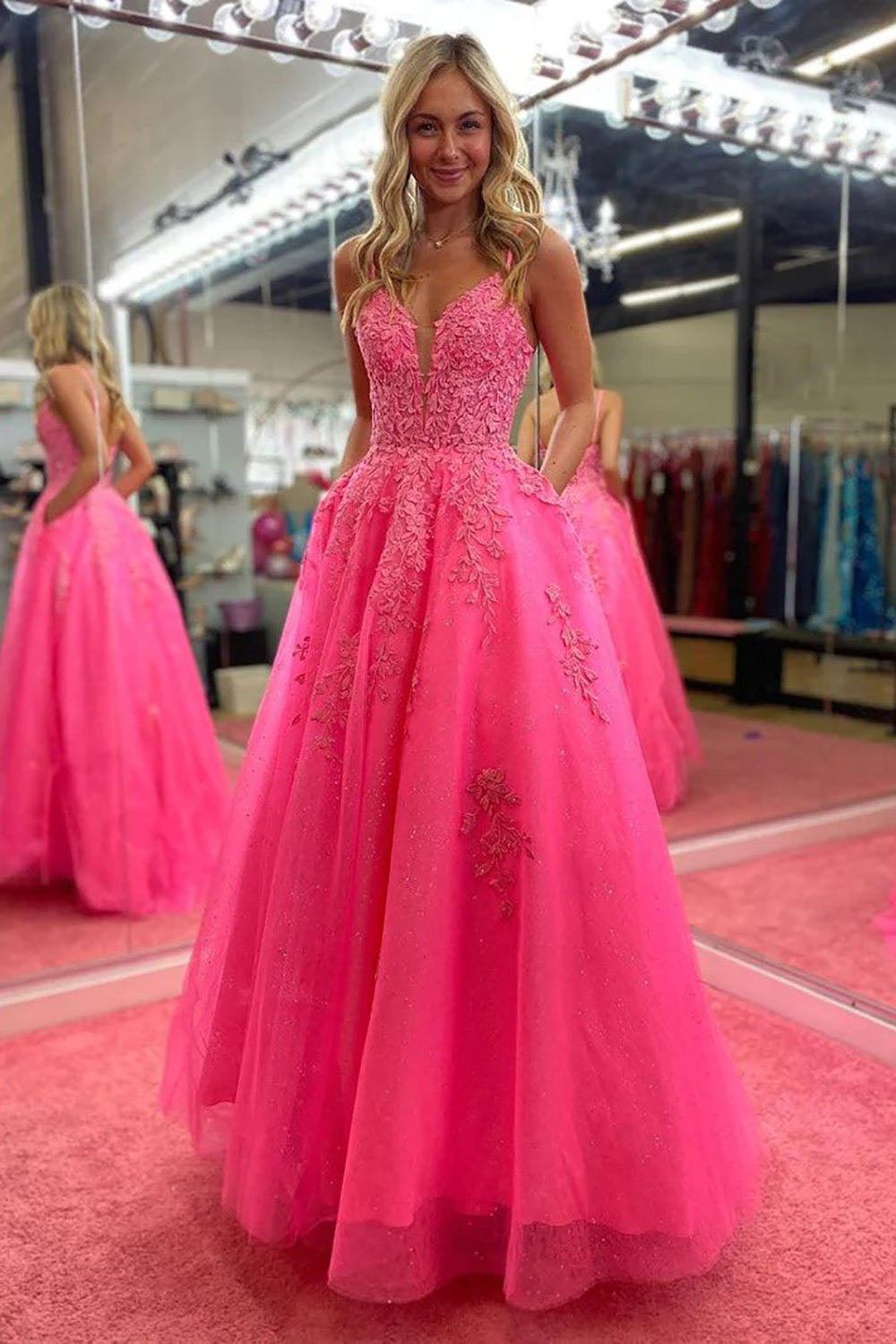 A-Line Lace Appliques Prom Dress Sparkly Princess Formal Evening Gown