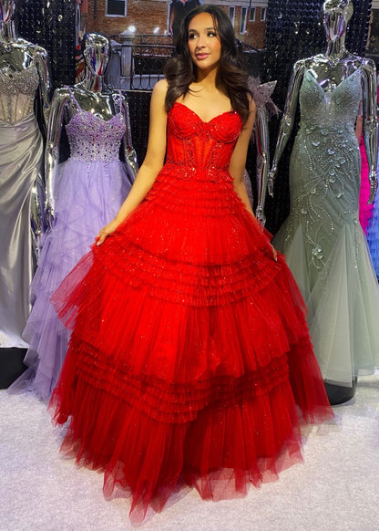 Spaghetti Straps V-Neck Corset Tulle Prom Dress