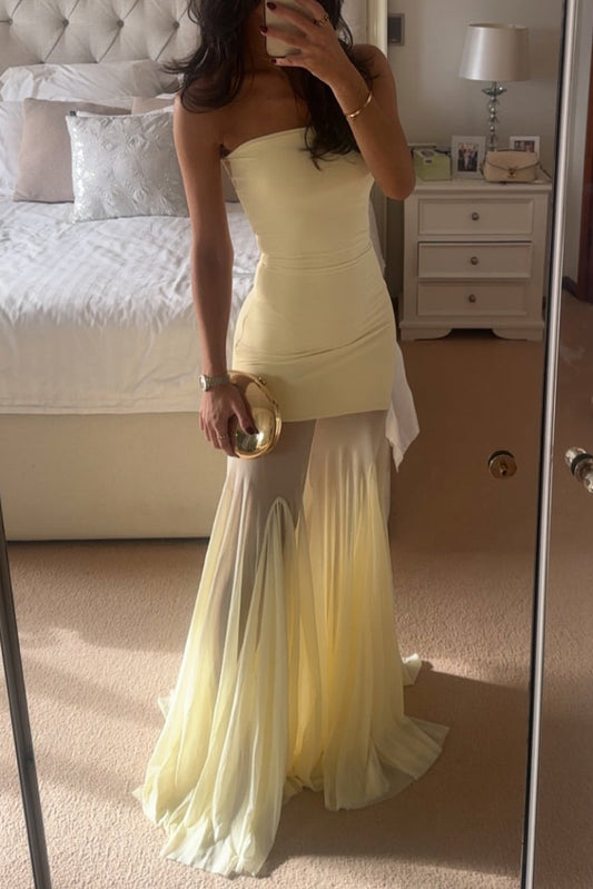 Sexy Strapless Mermaid Gown – Floor-Length Yellow Chiffon Prom Dress