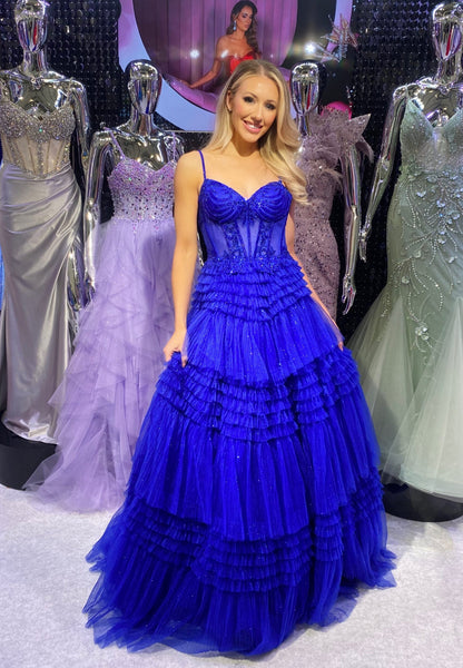 Spaghetti Straps V-Neck Corset Tulle Prom Dress