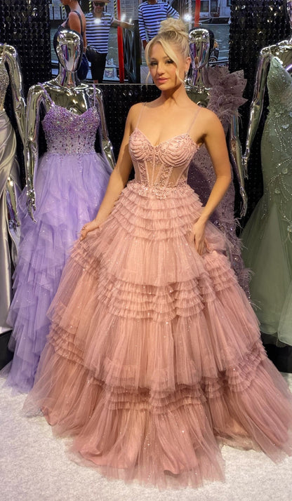 Spaghetti Straps V-Neck Corset Tulle Prom Dress