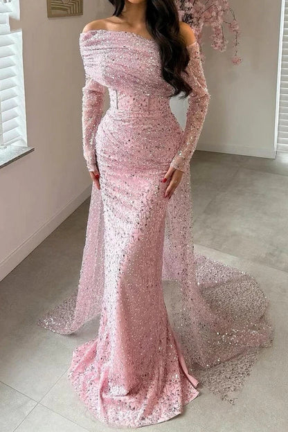 Fully Sequin Off-Shoulder Long Sleeves Mermaid Party Prom Dress