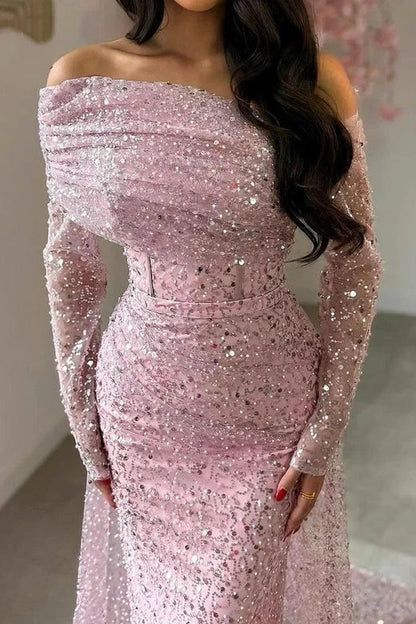 Fully Sequin Off-Shoulder Long Sleeves Mermaid Party Prom Dress