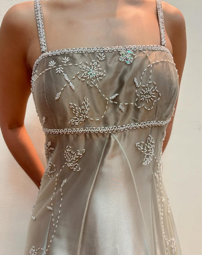 Spaghetti Straps Satin Tulle Beaded Prom Dress