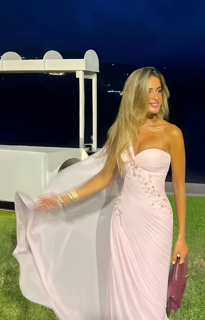 Mermaid One Shoulder Light Pink Chiffon Beads Long Prom Dress