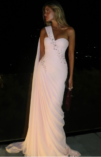 Mermaid One Shoulder Light Pink Chiffon Beads Long Prom Dress