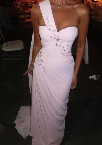 Mermaid One Shoulder Light Pink Chiffon Beads Long Prom Dress
